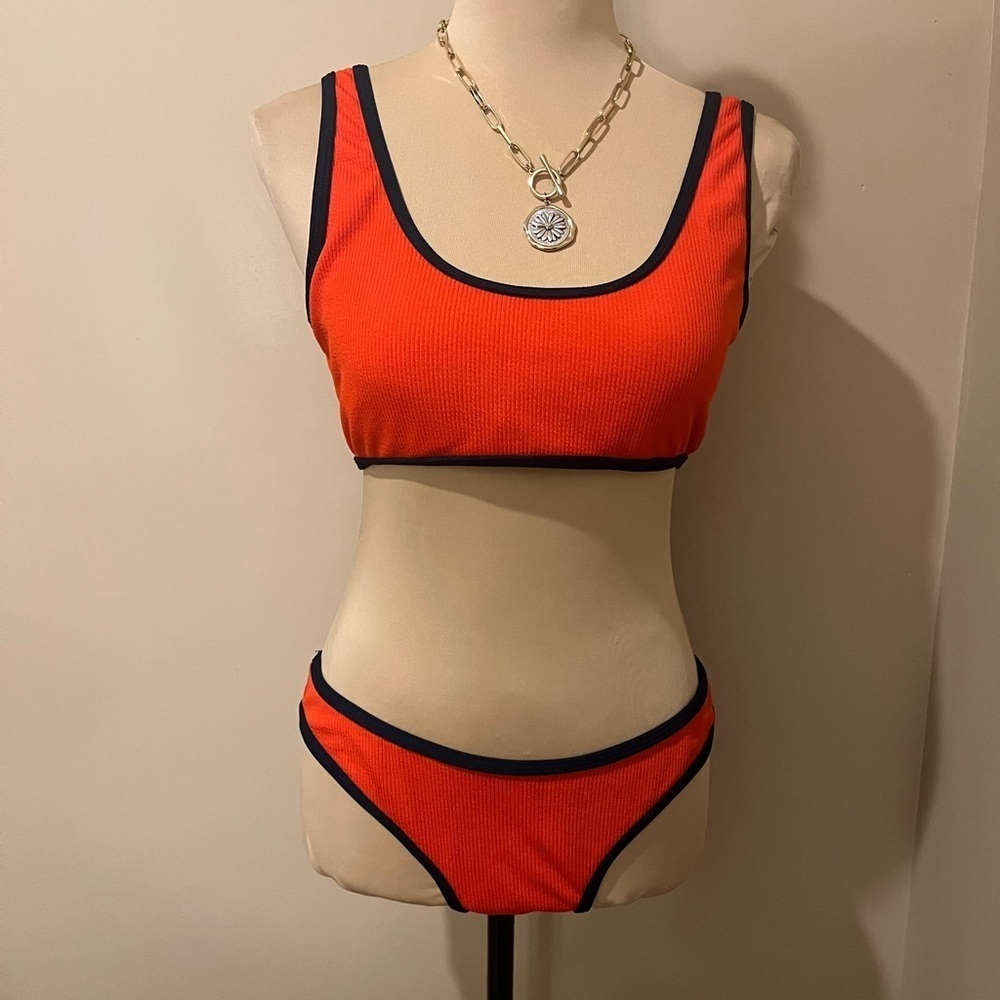 Zaful Corset back Athl Front Bikini top, Cheeky bottoms, in Poppy & Navy, size 8